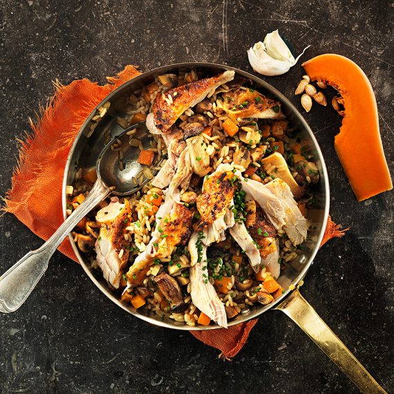 Fried rice med kyckling, svamp och pumpa