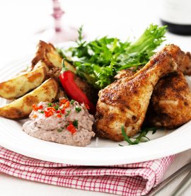 Kycklingben med tacosmak och en krämig böndipp