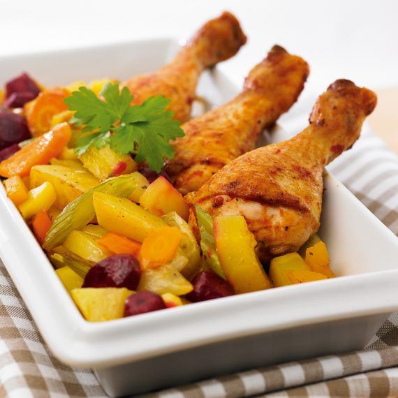 Drumsticks med ugnsbakade rotfrukter