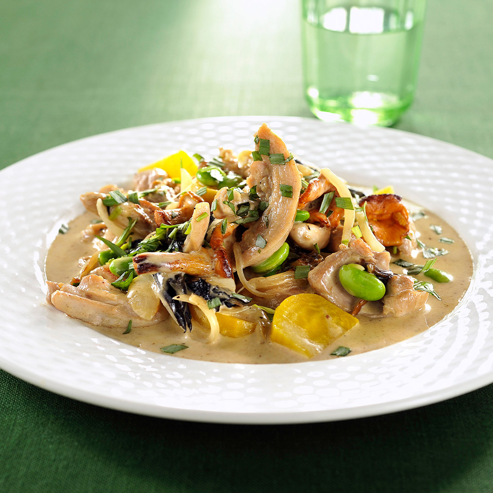 Gryta-på-strimlad-kycklinglårfilé-med-gulbetor,-svamp-och-bönor