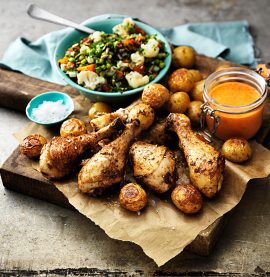 Kryddstekta Kycklingben med rostad potatis och mojo rojo
