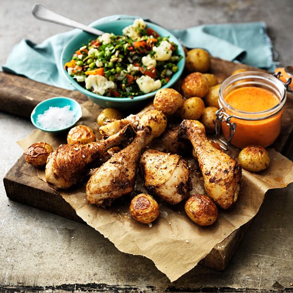 Kryddstekta Kycklingben med rostad potatis och mojo rojo
